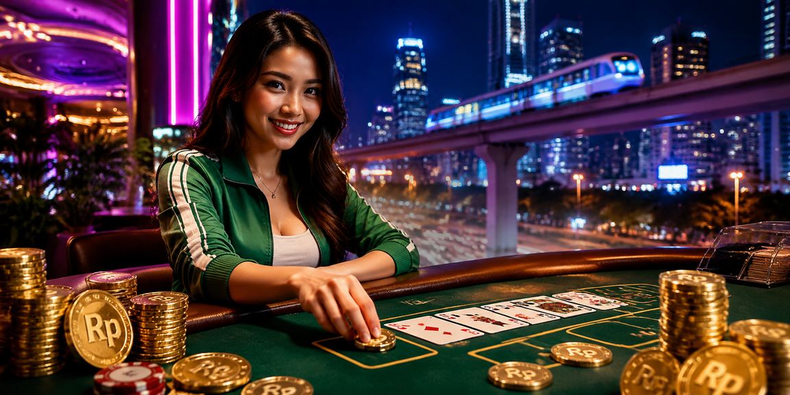 Meja baccarat dengan efek neon menawan, melambangkan hiburan live casino yang aman di bondan96