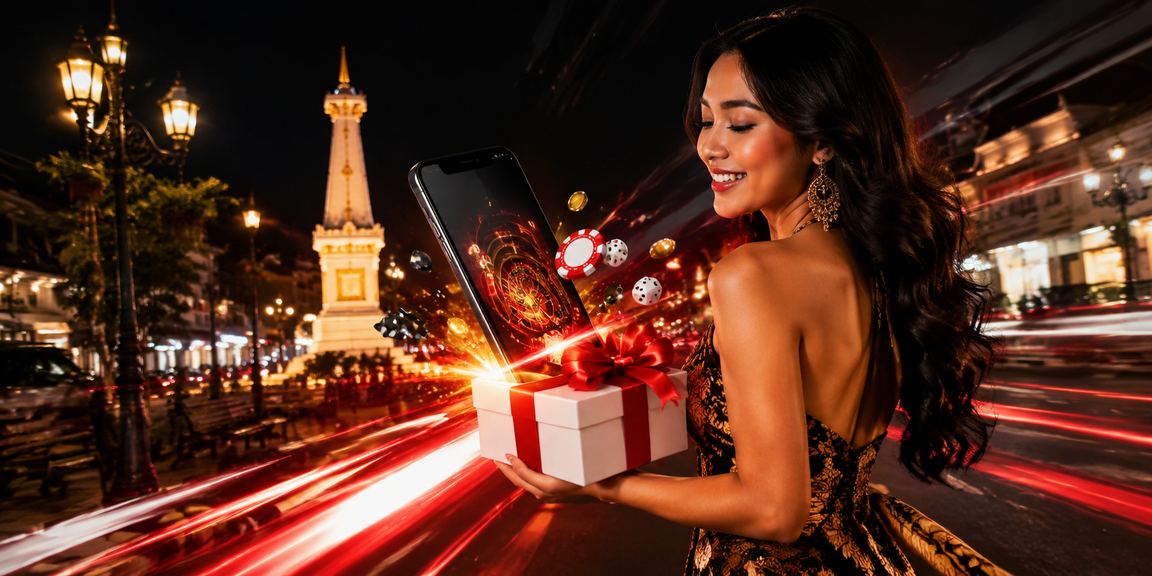 Model wanita menjelajahi platform taruhan casino bondan96 dengan layar penuh warna di studio modern