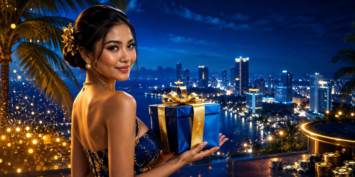 Suasana lantai casino dengan model wanita dan pencahayaan warna-warni yang menawan