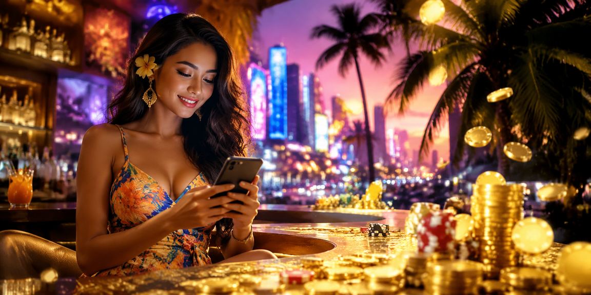 Tampilan casino mobile dengan efek neon colorful yang menandakan akses digital yang aman dan modern