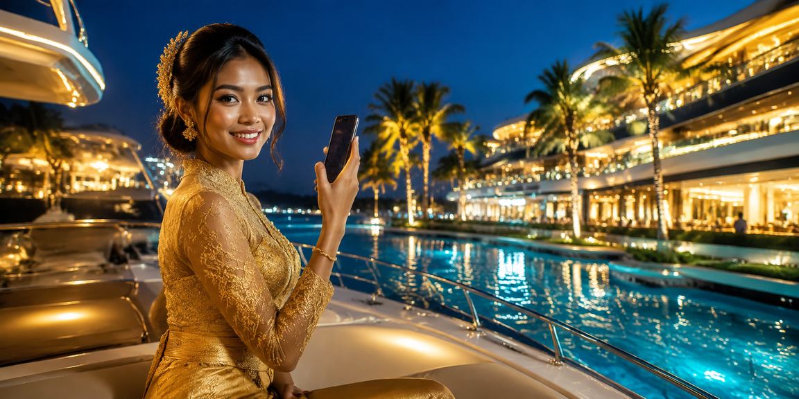 Pengguna wanita memainkan casino mobile dengan antarmuka modern di layar smartphone