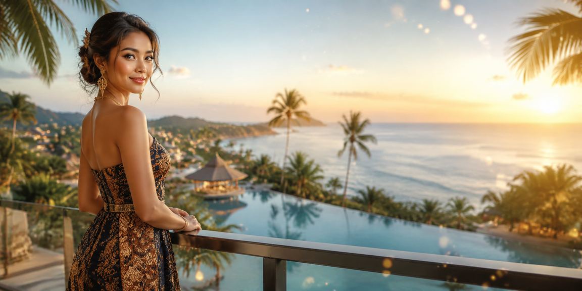 Suasana pantai cerah dengan tampilan bonus rebate yang menandakan promosi santai akhir pekan