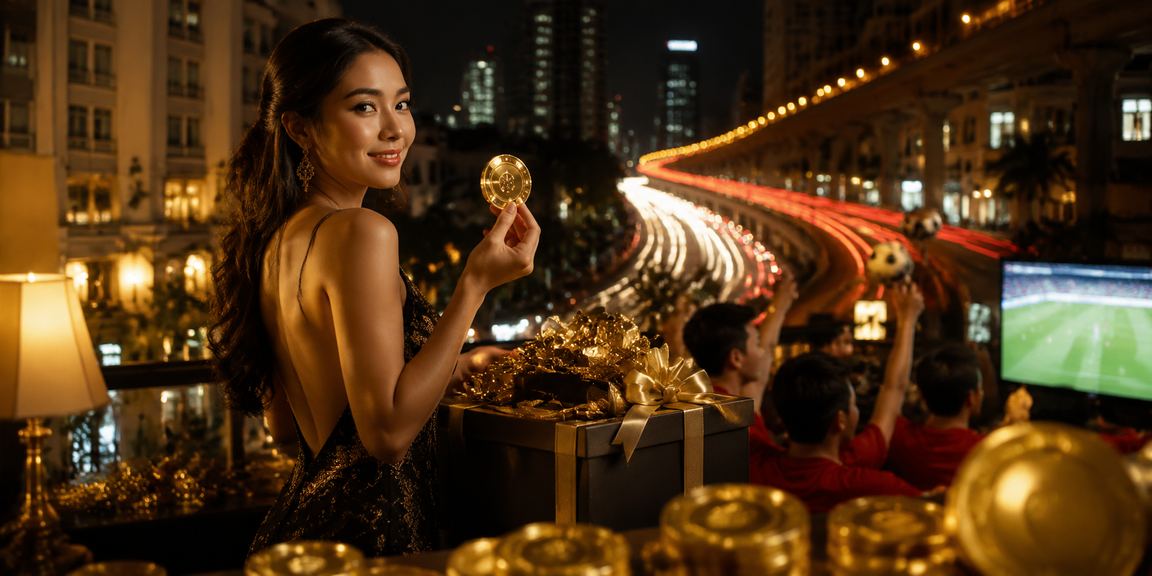 Model wanita merayakan bonus registrasi dengan senyum cerah, menandakan sambutan hangat untuk member baru